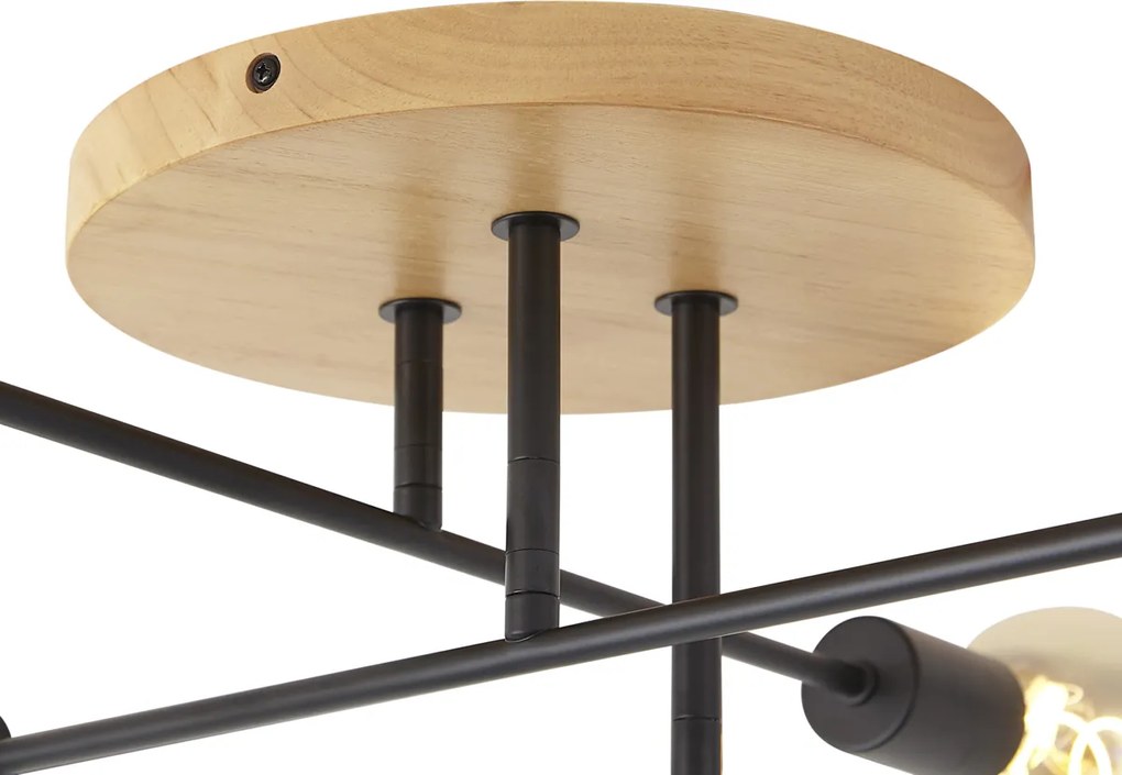 Арт Деко плафон черен с дърво 6 лампи - Sydney