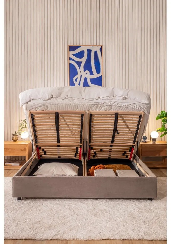 Бежово тапицирано двойно легло с място за съхранение и матрак с решетка 160x200 cm Myra Pillow - Bonami Selection