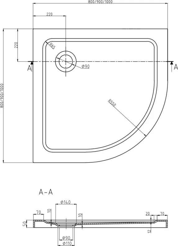 Mexen Flat полукръгъл душ-кабина slim 90 x 90 см, бял, хромиран сифон - 41109090