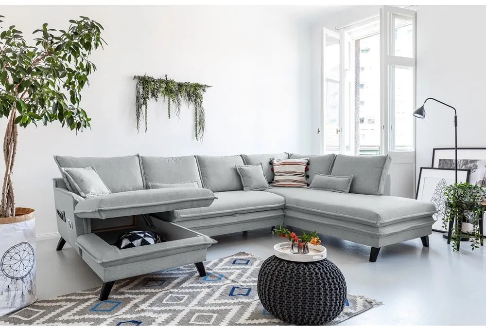 Светлосив U-образен разтегателен диван, десен ъгъл Charming Charlie - Miuform