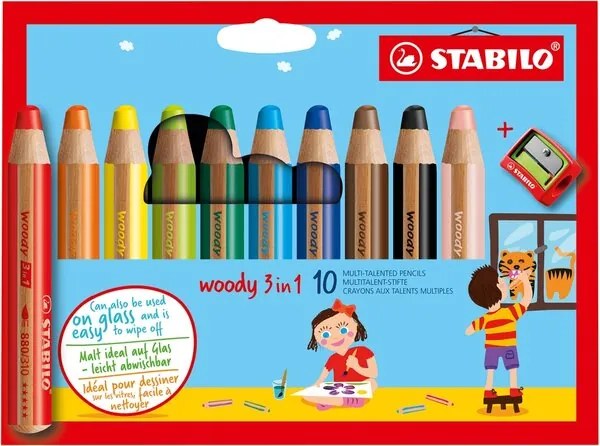 Комплект цветни моливи, Stabilo, Woody 3 в 1 + острилка ST880/10-2, 10 цвята