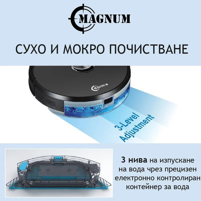 Прахосмукачка робот с UVC лампа за стерилизация MAGNUM UV+, Li-ion 5200 mAh, 50W, 3000 Pa, 3 степени, Wi-Fi,  До 280 мин автономност, За до 250 м2, Бял