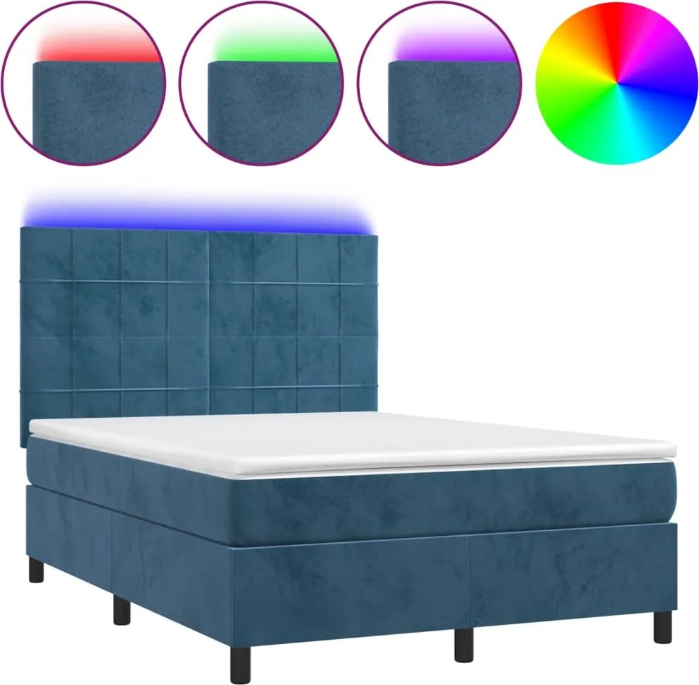 3136123 vidaXL Боксспринг легло с матрак и LED, тъмносиньо, 140x190 см, кадифе