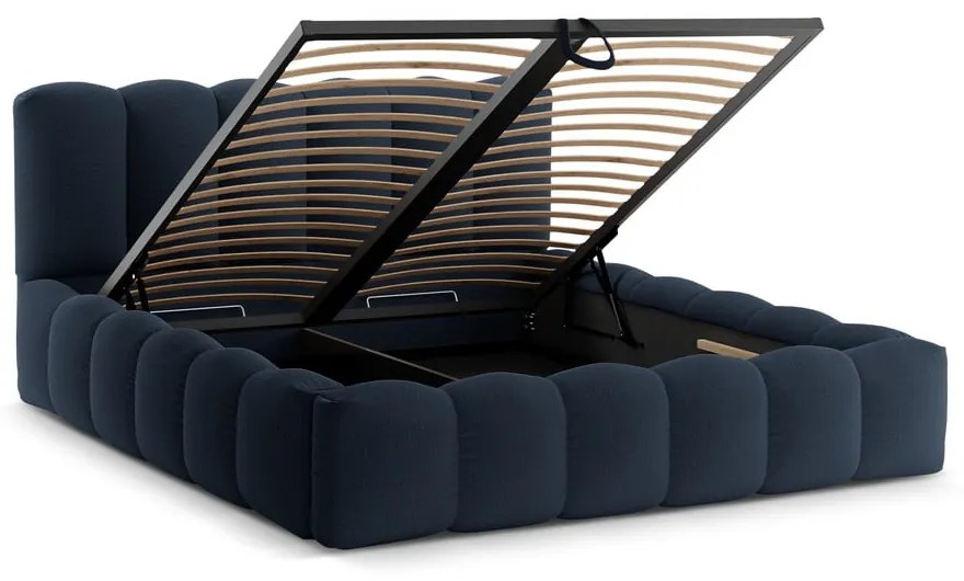 Тъмносиньо двойно тапицирано легло с място за съхранение с включена подматрачна рамка 180x200 cm Lupine – Micadoni
