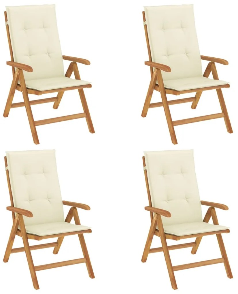 3196465 vidaXL Наклоняеми градински столове с възглавници, 4 бр, тик масив