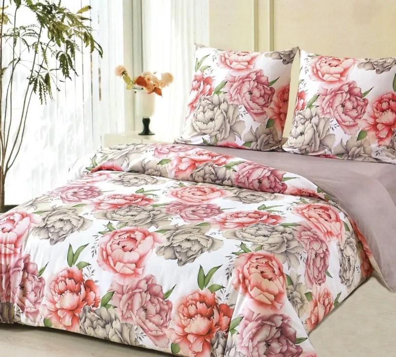 Комплект за легло от памучен сатен с мотиви на божур Ширина: 160 см | Дължина: 200 см