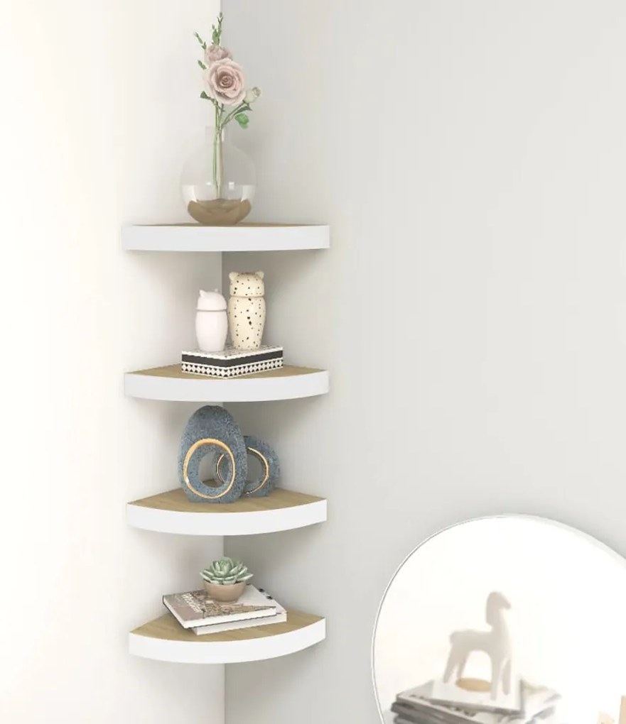 326632 vidaXL Стенни ъглови рафтове, 4 бр, дъб и бяло, 25x25x3,8 см, МДФ