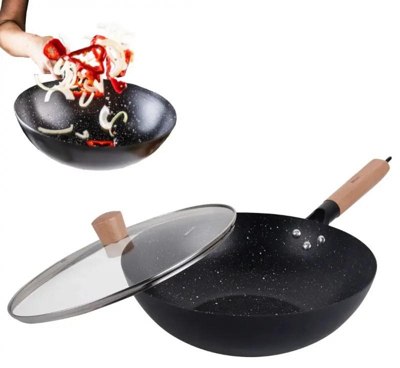 Уок тиган Kinghoff KH 1984, 30 см, Стъклен капак с отвор за пара, Мраморно покритие, Индукция, Черен