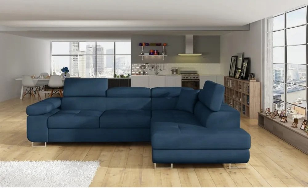 Син кадифен разтегателен ъглов диван с място за съхранение (десен ъгъл L форма) Anton – ELTAP