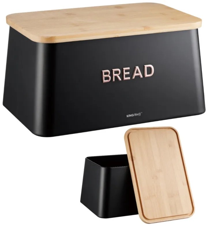 Кутия за хляб с капак за рязане Kinghoff KH 1948, 35 см, Бамбук, Стомана, Черен