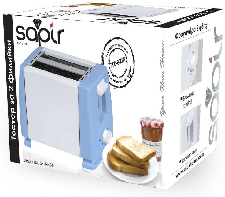 Тостер за хляб SAPIR SP 1440 B, 750W, За 2 филийки, 6 степени на запичане, Син