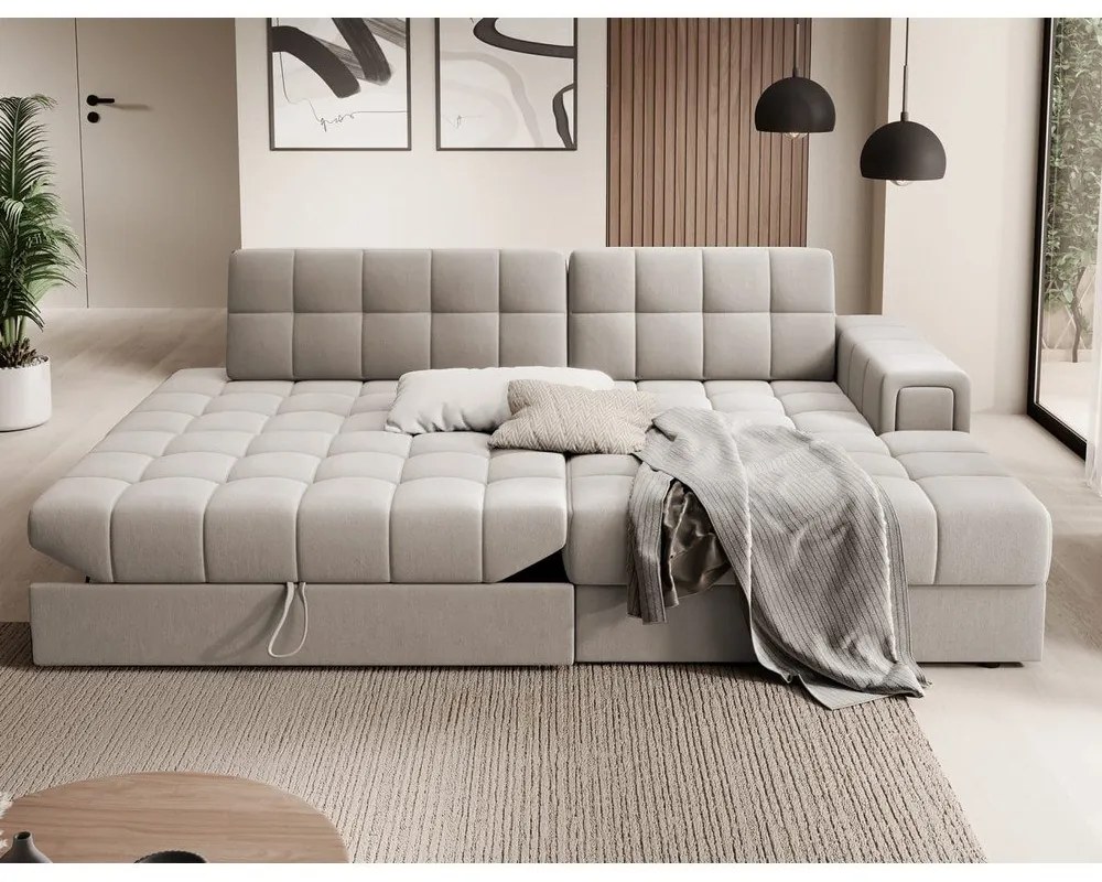 Бежов кадифен разтегателен ъглов диван (десен ъгъл) Blezalt – ELTAP