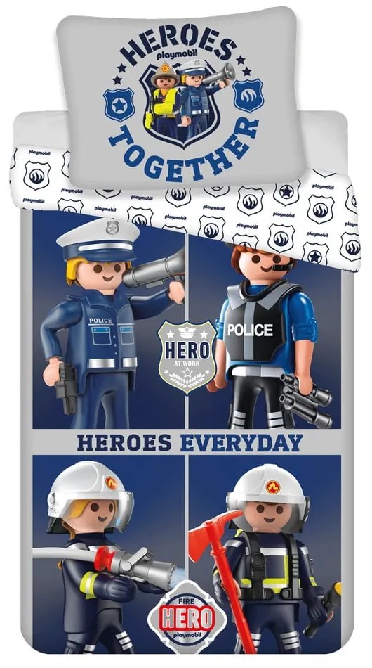 Синьо-сиво единично памучно детско спално бельо 140x200 cm Playmobil – Jerry Fabrics