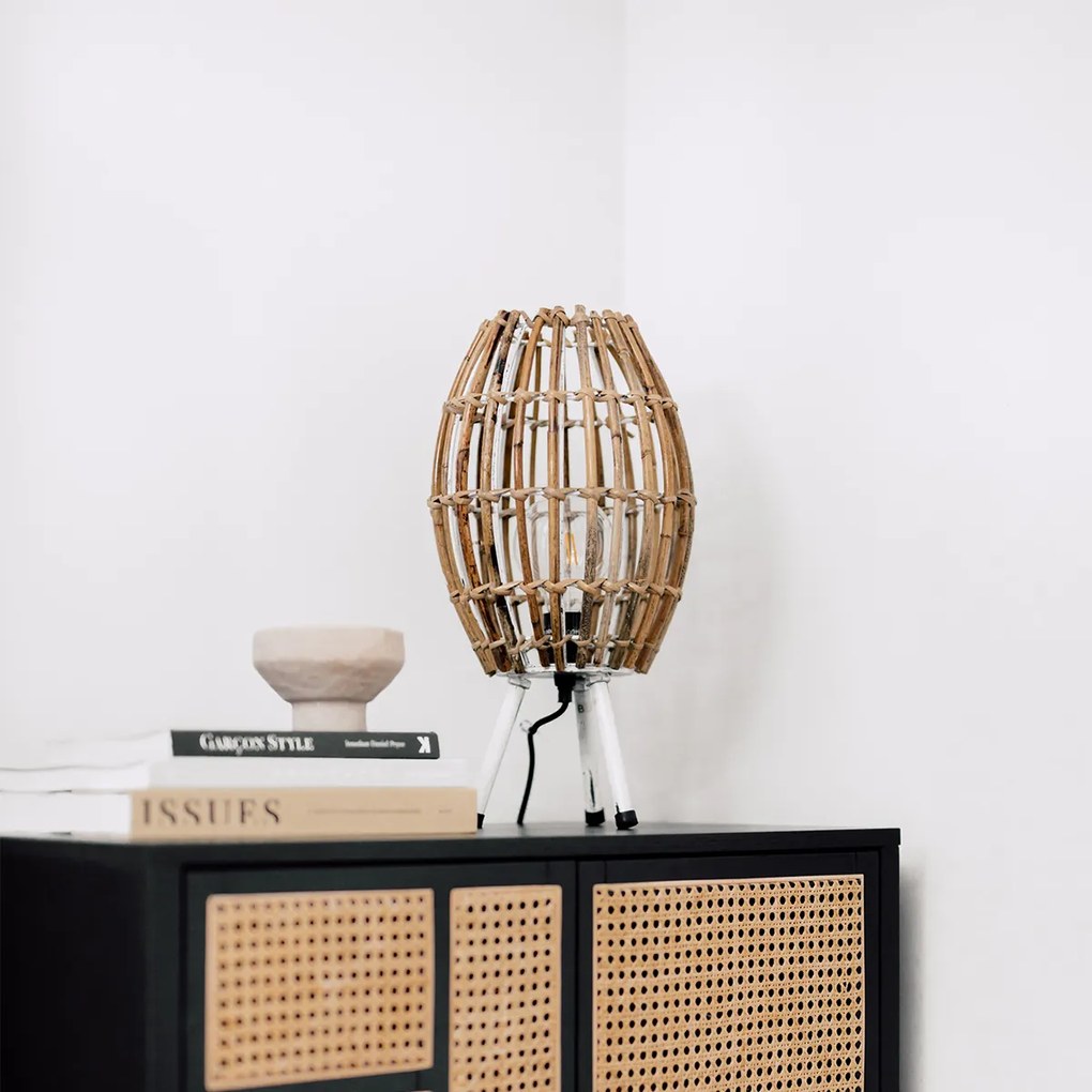 Рустикална настолна лампа триножник бамбук с бяло - Canna Capsule