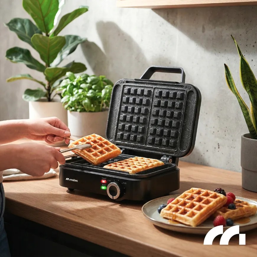 Вафелник MalTec 1200 W – за 2 големи вафли, регулируема температура, мраморна незалепваща повърхност