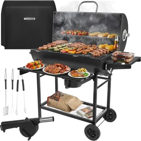 Голяма градинска скара на дървени въглища с капак и термометър