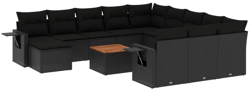 3224865 vidaXL Градински диван с възглавници, 13 части, черен, полиратан