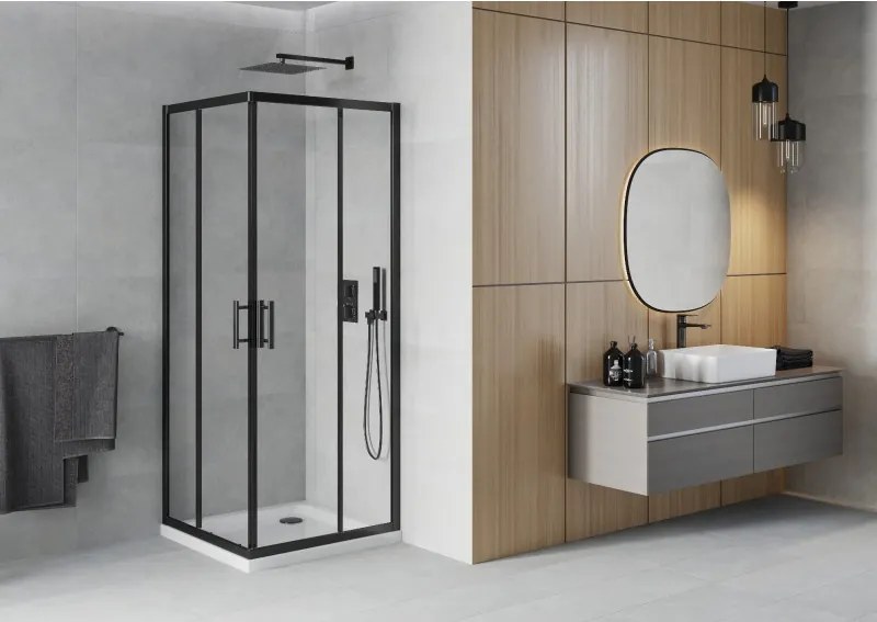 Mexen Rio квадратна душ кабина 80 x 80 см, прозрачна, черна + корито Flat, бяло