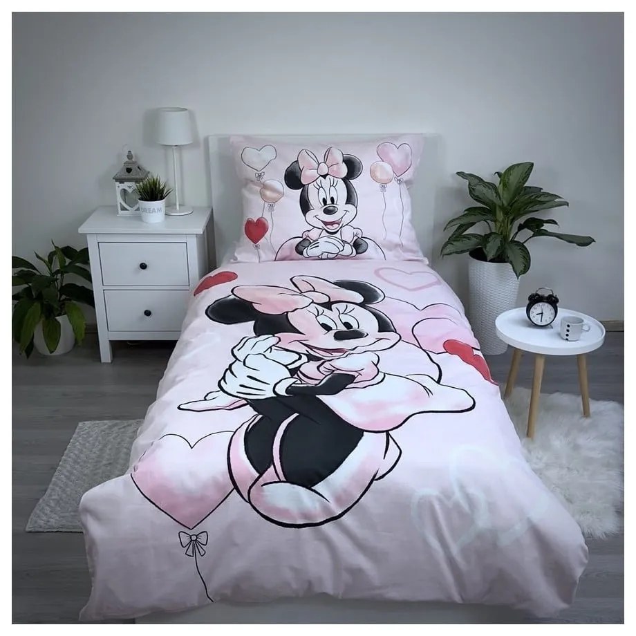 Розово единично памучно детско спално бельо 140x200 cm Minnie "Balloon" – Jerry Fabrics