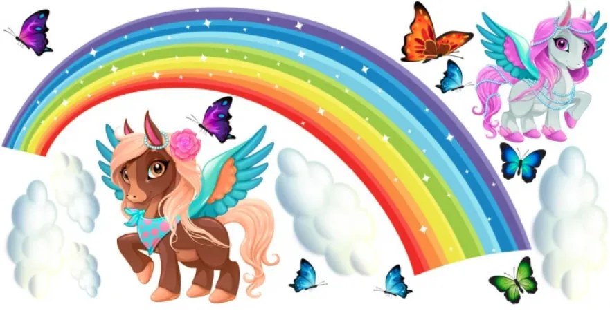 Приказен стикер за стена с дъга - еднорог, небе и пеперуди Šírka: 100 cm | Dĺžka: 200 cm