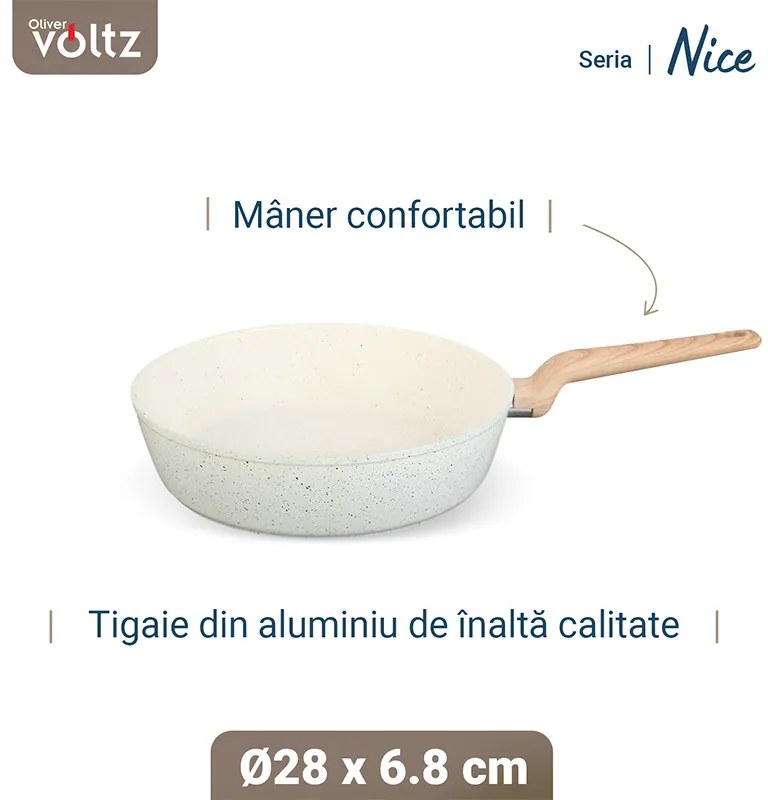 Дълбок тиган Voltz Nice OV54419E28D, 28x6.8 см, Мраморно покритие, Индукция, Кремав меланж