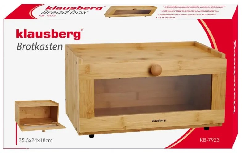 Кутия за хляб Klausberg KB 7923, 35.5 см, Акрилно прозорче, Бамбук, Кафяв