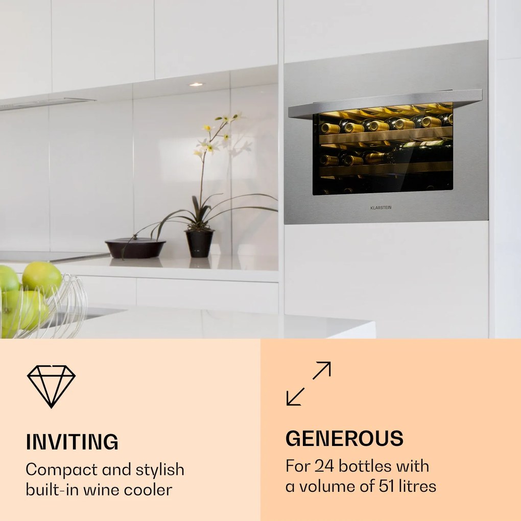 Klarstein Vinsider 24 Built-In Uno, охладител за вино, 1 зона, 24 бутилки, неръждаема стомана