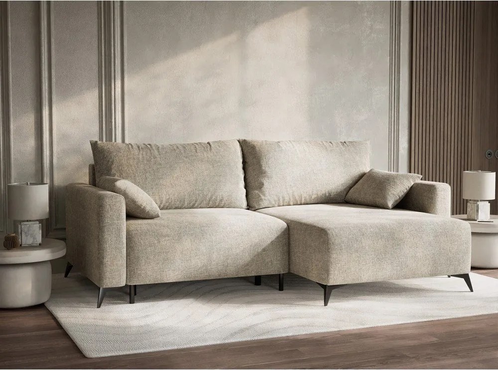 Бежов шенилов сгъваем/с място за съхранение ъглов диван (десен ъгъл) Leon – Maison de Rêve