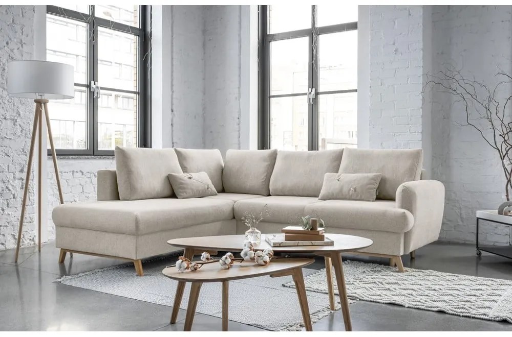 Бежов разтегателен/с място за съхранение ъглов диван (ляв ъгъл/L форма) Scandic Lagom – Miuform