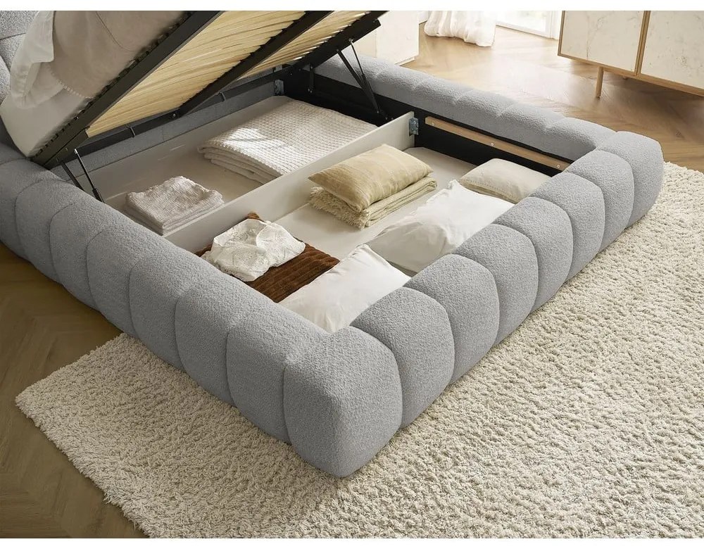 Светлосиво двойно легло 180x200 cm тапицирано с място за съхранение с включена подматрачна рамка Mont Blanc – Bobochic Paris