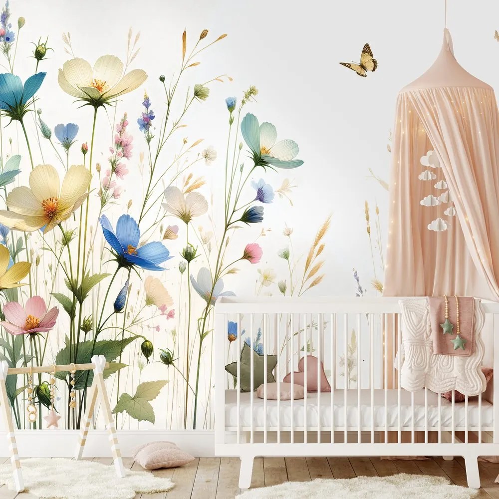 Тапет – Пастелни цветя и летящи пеперуди