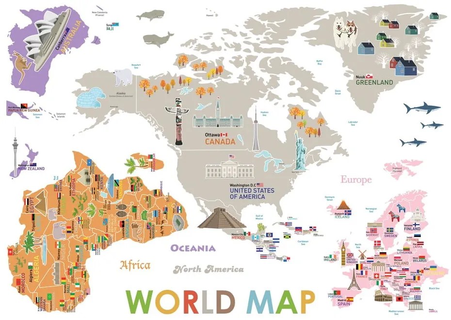 Детски стикер на стената 120x150 cm Giant World Map – Ambiance