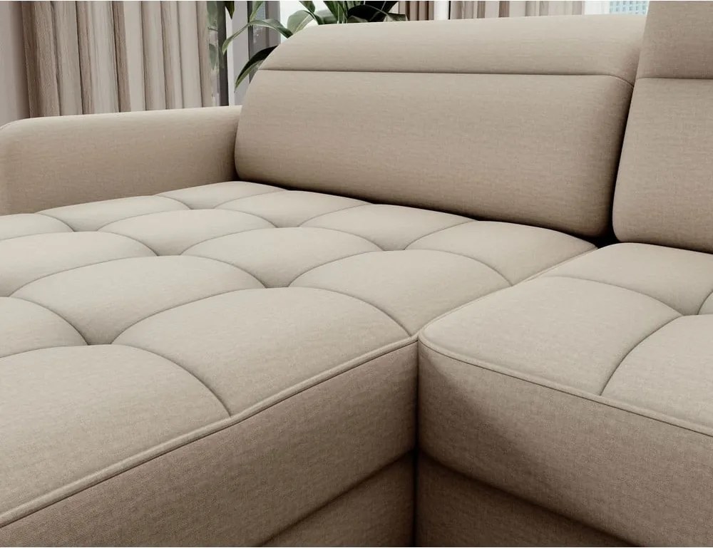 Бежов кадифен разтегателен ъглов диван с място за съхранение (десен ъгъл U форма) Berrto – ELTAP