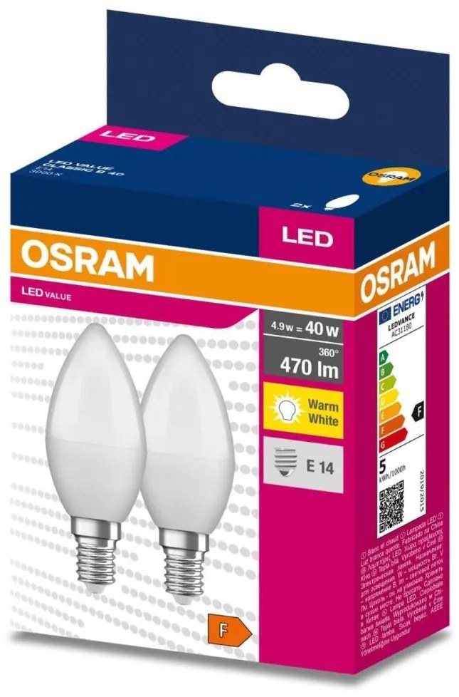 К-кт 2x LED Крушка B35 E14/4,9W/230V 3000K - Osram