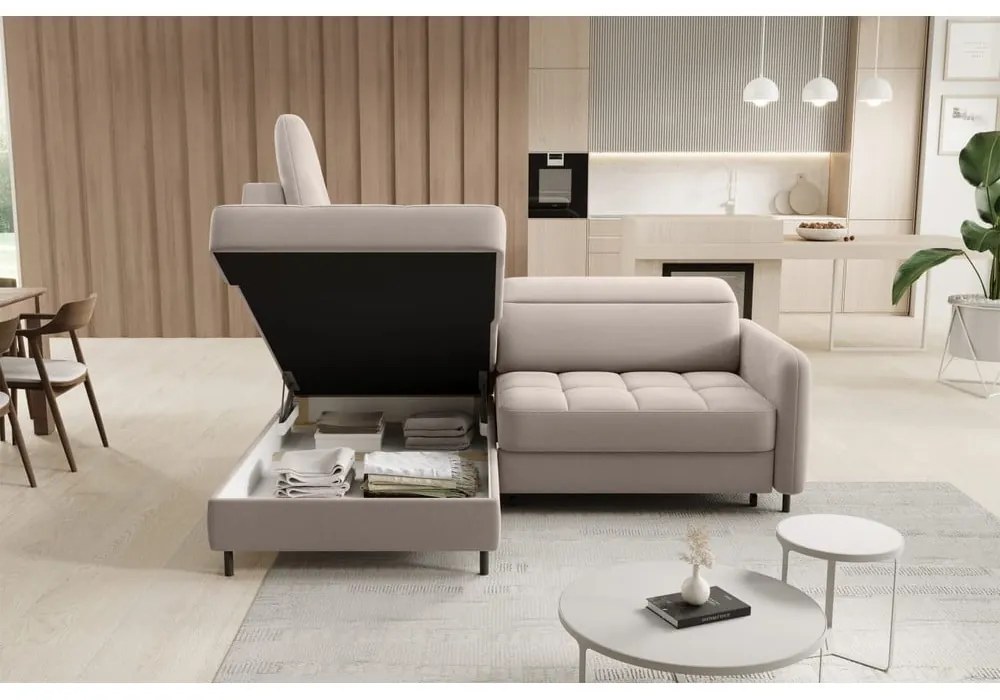 Светлокафяв кадифен разтегателен ъглов диван с място за съхранение (ляв ъгъл L форма) Barea – ELTAP