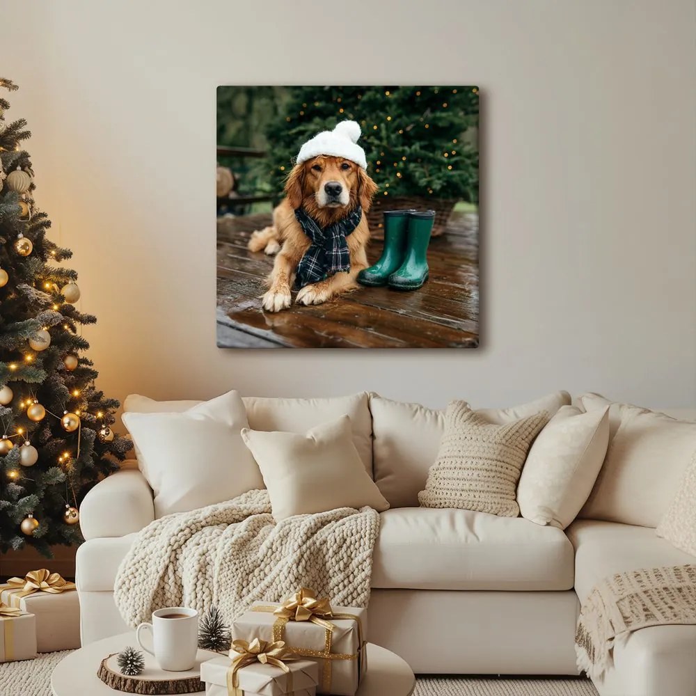 Картина на платно – Куче със зимна шапка