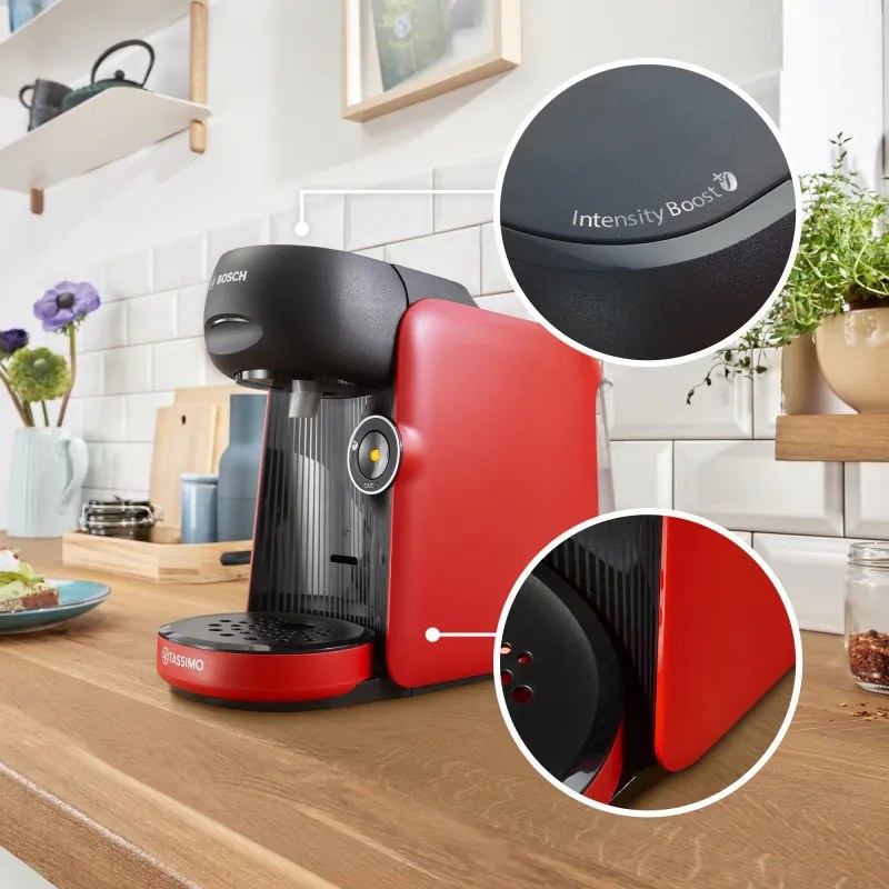 Еспресо машина Bosch Tassimo Finesse TAS16B3, 1400W, 3.3 bar, 0.7 л, Декалциране, Самопочистване, T-Discs, Intellibrew, 70 напитки, Червен