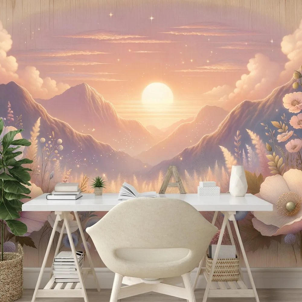 Тапет – Пастелен пейзаж с цветя при залез