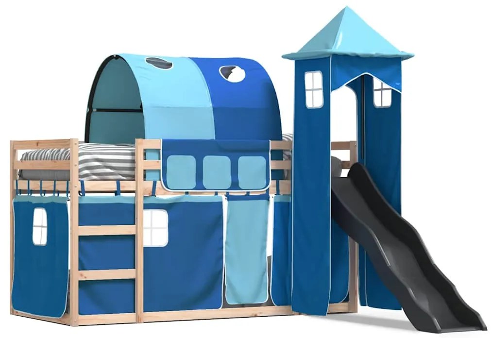 3284171 vidaXL Двуетажно легло с пързалка и завеси, синьо, 80x200 см