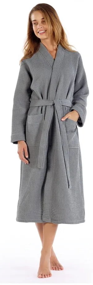 Сив памучен халат за баня размер M Mia Waffle - Foutastic