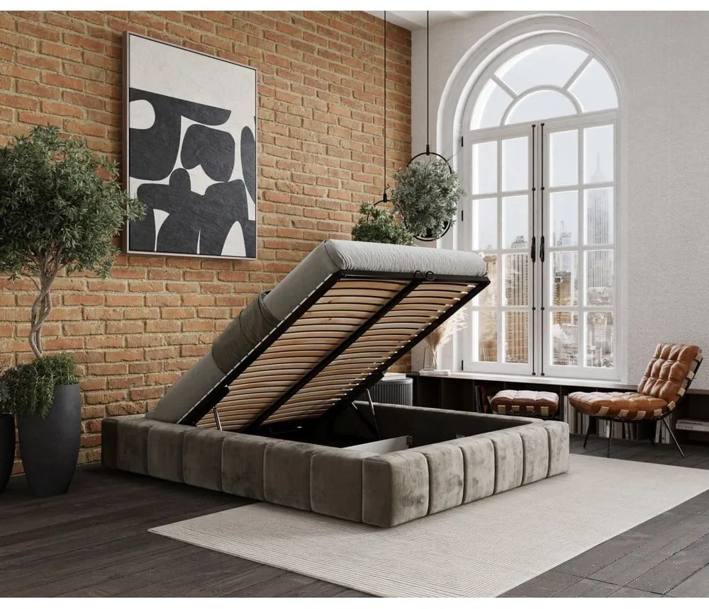 Бежово тапицирано двойно легло с място за съхранение с включена подматрачна рамка 180x200 cm Aruba L – Maison de Rêve