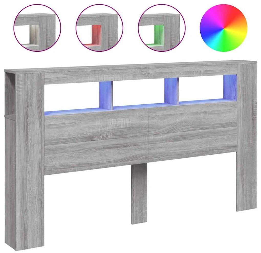 837363 vidaXL LED горна табла, сив сонома, 180x18,5x103,5 см, инженерно дърво