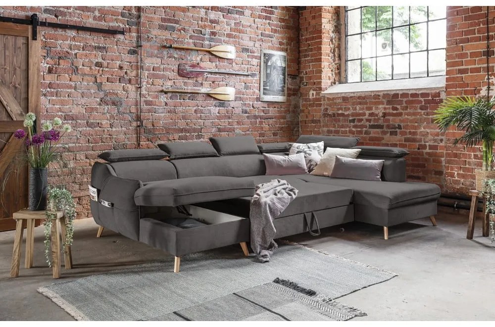 Тъмносив кадифен U-образен ъглов диван (десен ъгъл) Sweet Harmony - Miuform