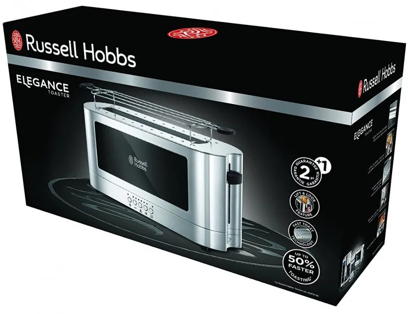 Тостер за хляб Russell Hobbs Elegance 23380-56, 1420W, 2 филии, 6 степени, LED индикация, Lift & Look, Инокс/черен