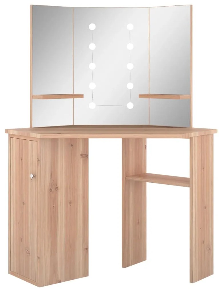 326533 vidaXL Ъглова тоалетка с LED, дъб, 111x54x141,5 см
