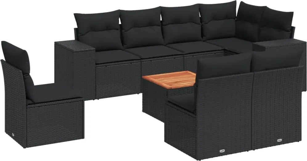 3257812 vidaXL Градински комплект диван с възглавници 9 части черен полиратан