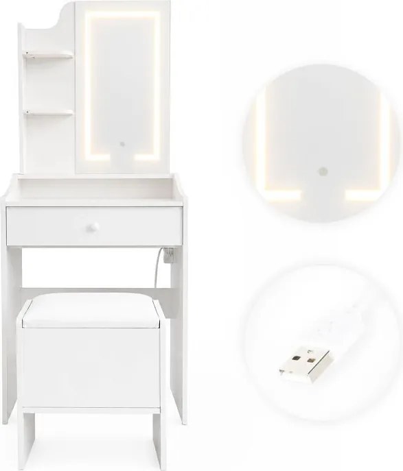 Тоалетка с LED огледало – табуретка, чекмедже, 2 рафта