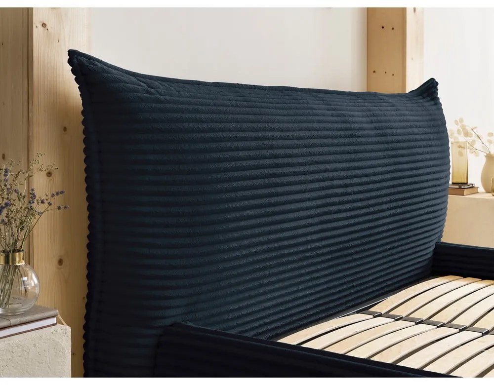 Тъмносиньо двойно тапицирано легло с място за съхранение с включена подматрачна рамка 160x200 cm Jade – Bobochic Paris