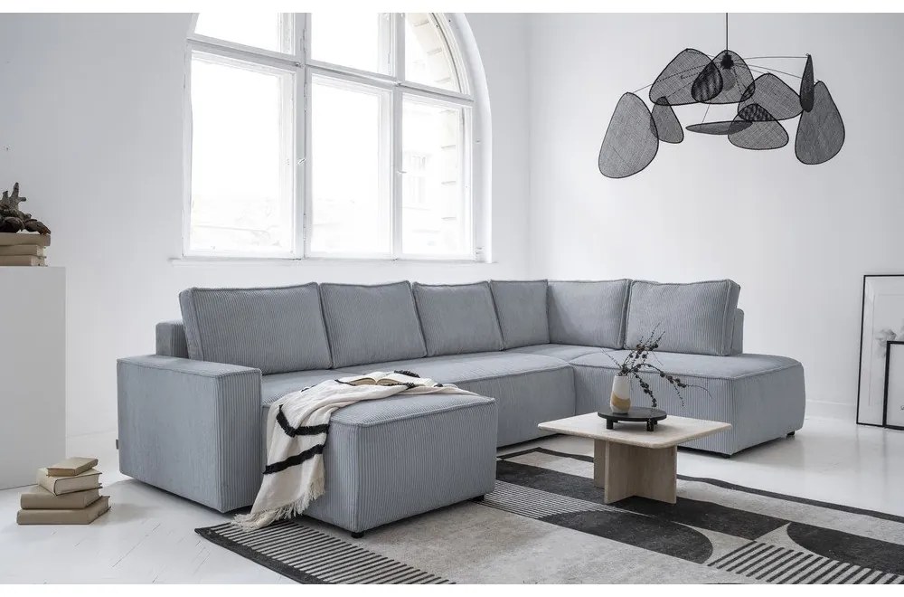 Светлосив разтегателен ъглов диван от рипсено кадифе (десен ъгъл/"U" форма) Brave Dave – Miuform