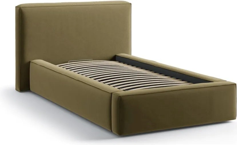 Зелено единично легло 90x200 cm тапицирано с място за съхранение с включена подматрачна рамка Jodie – Micadoni